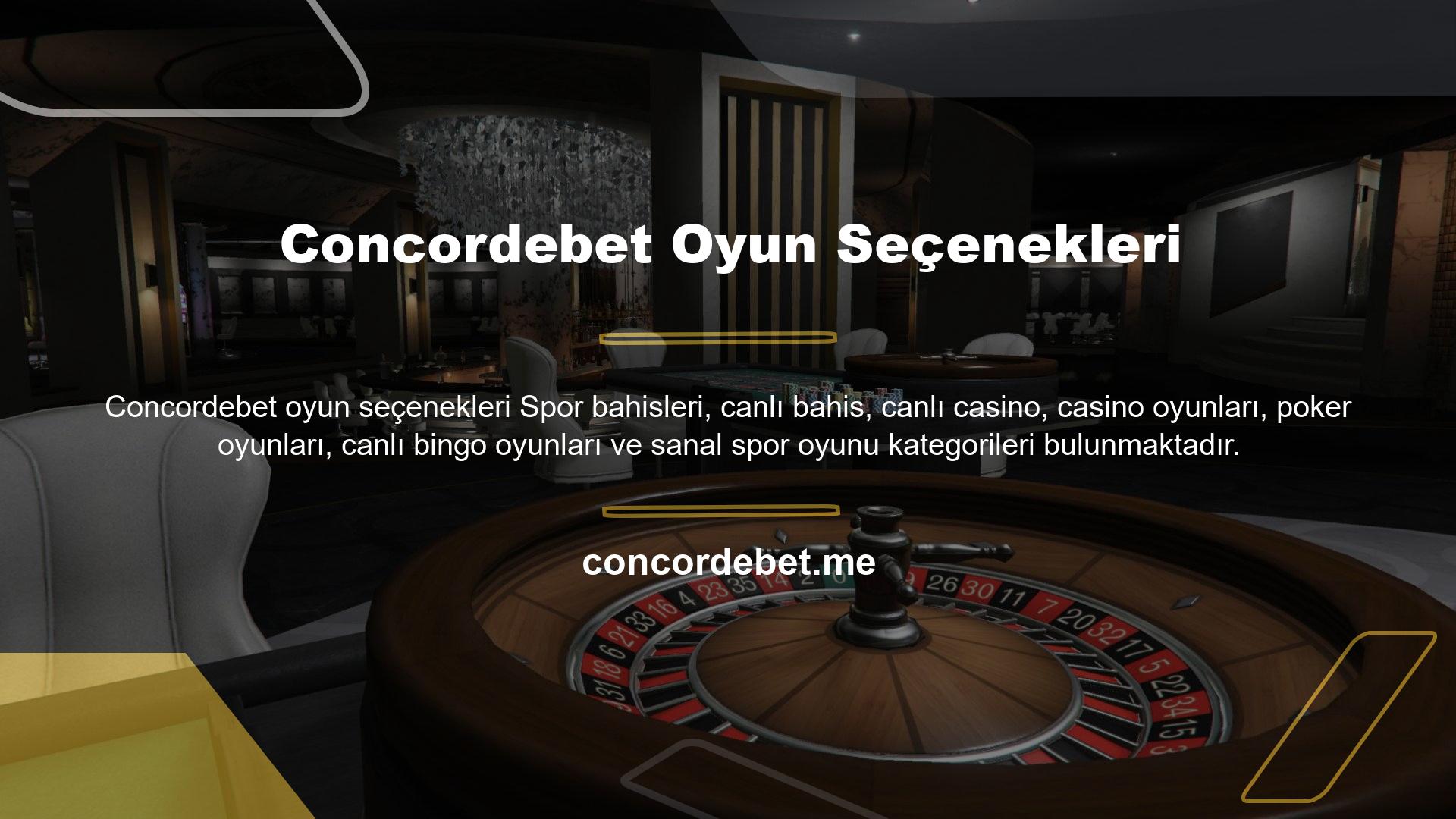 Tüm oyunların listesini sitenin üst kısmındaki Concordebet oyun seçenekleri çubuğundan kolayca görüntüleyebilirsiniz